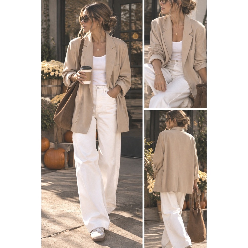 H&M oversize blazer L tan neutral layering basics easy wear linen blend work top